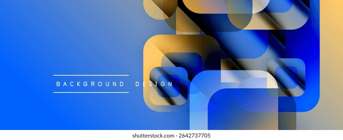 Abstract geometric shapes overlap, creating vibrant blue, gold gradients. Text reads background design below layered forms. Modern aesthetic.