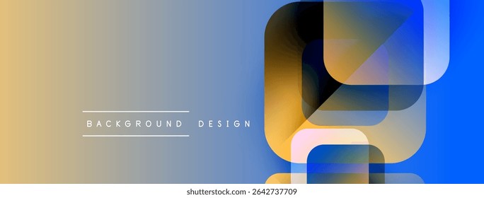 Abstract geometric shapes overlap, creating vibrant blue, orange gradients. Minimalist design with text background design visible. Modern aesthetic.