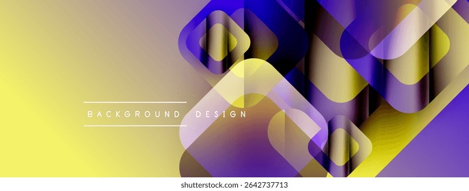 Abstract geometric shapes overlap, creating vibrant yellow, purple gradients. Modern design elements suggest fluidity, depth.
