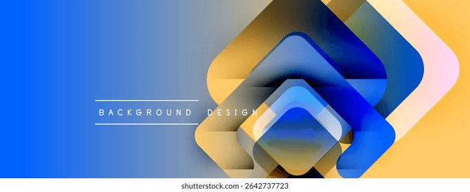 Abstract geometric shapes overlap, creating layered effect. Blue, yellow gradients dominate design. Text reads background design. Modern, vibrant composition.
