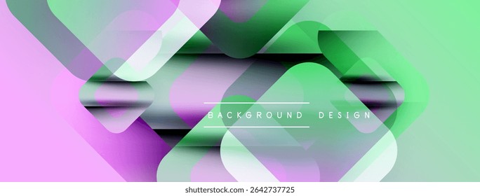 Abstract geometric shapes overlap, creating vibrant gradients. Pink, green, purple hues dominate composition. Modern design element.