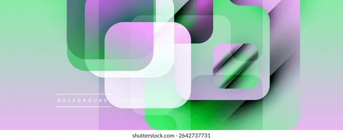 Abstract geometric shapes overlap creating vibrant, modern background. Soft gradients blend purple, green hues. Minimalist design.