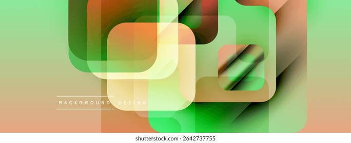 Abstract geometric shapes overlap, creating vibrant color gradients. Soft green, orange hues dominate design. Modern background texture.