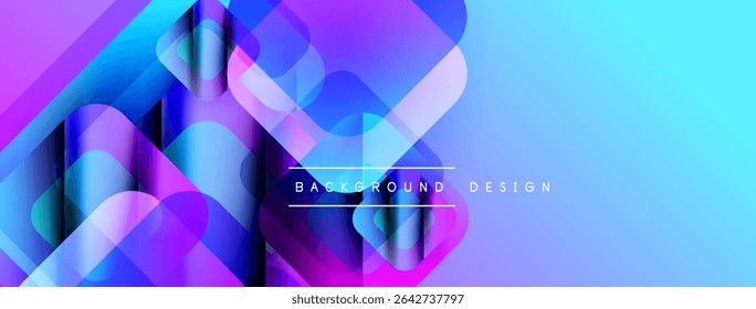 Formas geométricas abstratas se sobrepõem, criando vibrantes gradientes azuis e roxos. O design moderno sugere tecnologia, inovação, fluidez.