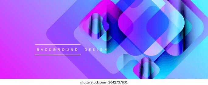 Abstract geometric shapes overlap, creating vibrant purple, blue gradients. Text reads background design below layered squares. Modern, dynamic visual.