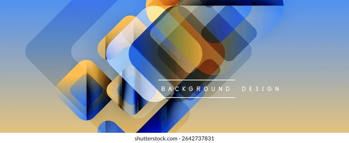 Abstract geometric shapes overlap, creating vibrant gradient effect. Blue, gold hues dominate composition. Modern design element.