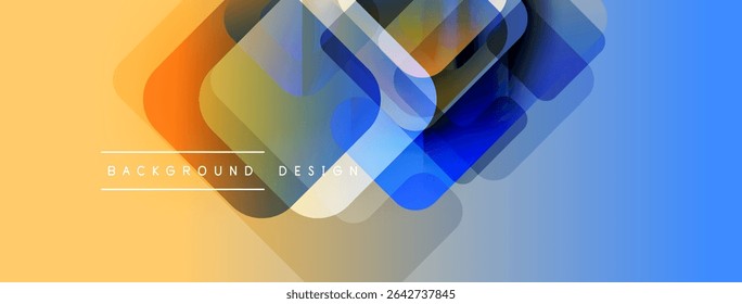 Abstract geometric shapes overlap, creating vibrant color gradients. Yellow, orange, blue hues dominate design. Modern, clean aesthetic.