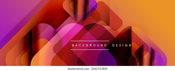 Abstract geometric shapes overlap, creating vibrant gradients. Warm colors dominate design, with purple accents. Modern aesthetic.