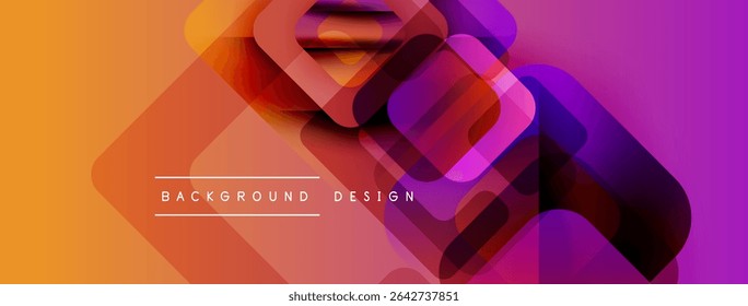 Abstract geometric shapes overlap, creating vibrant orange, purple gradients. Modern design elements suggest dynamic visual experience.