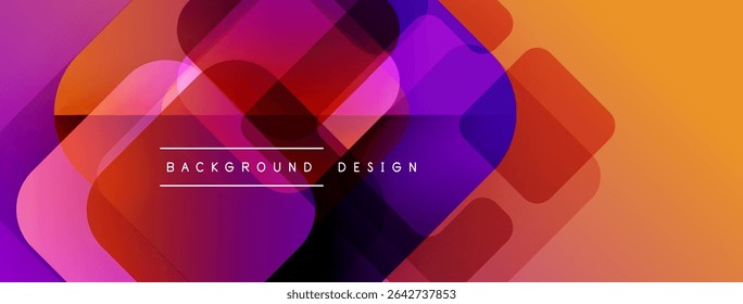 Abstract geometric shapes overlap, creating vibrant gradient effect. Orange, purple, red hues dominate design. Modern background texture.