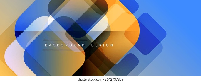 Abstract geometric shapes overlap, creating vibrant color gradients. Blue, orange, yellow hues dominate design. Modern aesthetic.