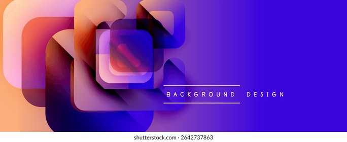 Abstract geometric shapes overlap, creating vibrant color gradients. Blue, purple, orange hues dominate design. Modern aesthetic.