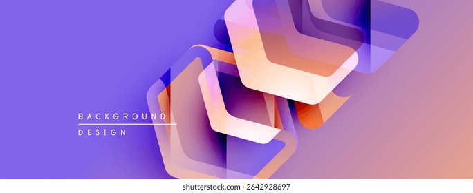 Abstract geometric shapes overlap, creating vibrant purple, orange gradients. Modern design element for backgrounds, presentations.