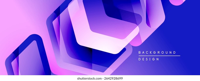 Abstract geometric shapes overlap, creating vibrant purple, blue gradients. Modern design suggests digital art, background texture.