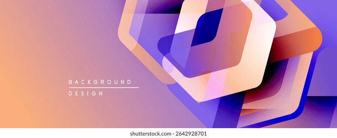 Abstract geometric shapes overlap, creating vibrant gradient effect. Soft orange, purple hues dominate design. Modern, dynamic composition.