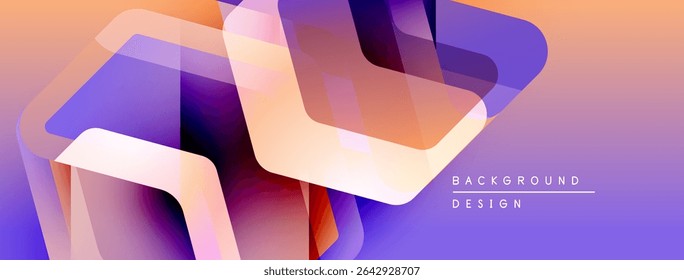 Abstract geometric shapes overlap, creating vibrant gradients. Warm colors blend into cool tones, forming modern design.