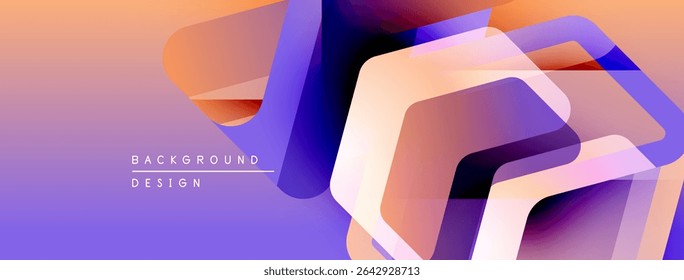 Abstract geometric shapes overlap, creating vibrant purple, orange gradients. Modern design feels dynamic, fresh. Background suggests innovation, technology.