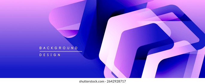 Abstract geometric shapes overlap, creating vibrant purple, blue gradients. Modern design suggests technology, innovation, dynamism.