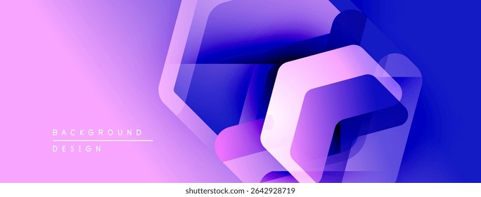 Abstract geometric shapes overlap, creating dynamic purpleblue gradient. Modern design elements suggest technology, innovation.
