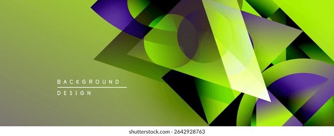 Formas geométricas abstratas se sobrepõem, criando gradientes verdes vibrantes e roxos. Design de fundo moderno com efeito visual dinâmico.