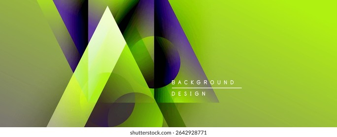 Abstract geometric shapes overlap, creating vibrant green, purple gradients. Modern design suggests dynamic energy, visual interest.
