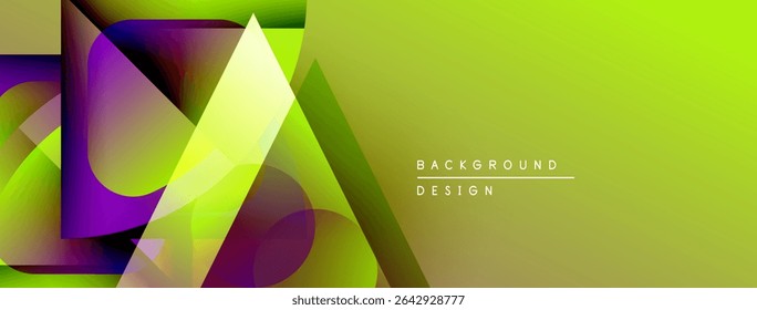 Abstract geometric shapes overlap, creating vibrant gradients. Green dominates, purple accents present. Modern design element.