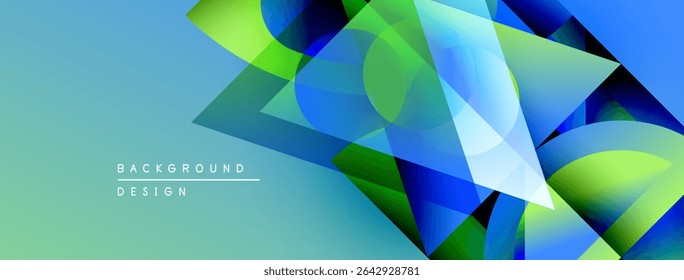 Abstract geometric shapes overlap, creating vibrant blue, green gradients. Design features text elements background, design. Modern aesthetic.
