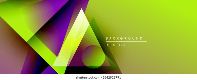 Abstract geometric shapes overlap, creating vibrant color gradients. Yellow dominates, purple accents present. Modern design element.