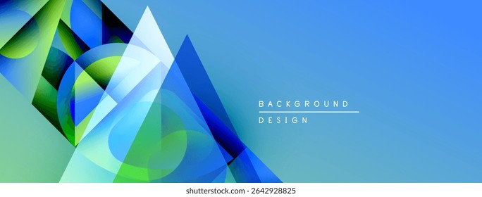 Abstract geometric shapes overlap, creating vibrant blue, green gradients. Background features text background design. Modern, clean aesthetic.
