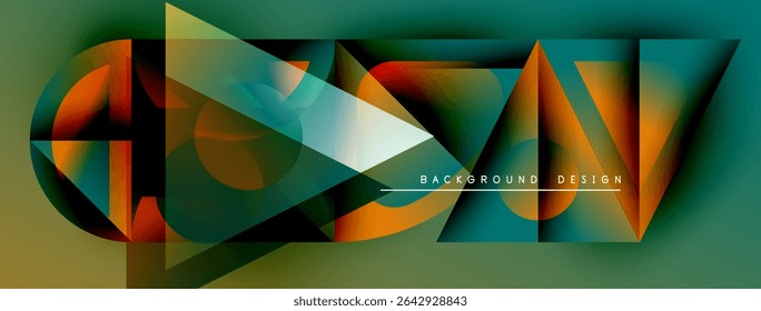 Abstract geometric shapes overlap, creating dynamic composition. Gradient colors blend, forming modern design element. Text reads background design.