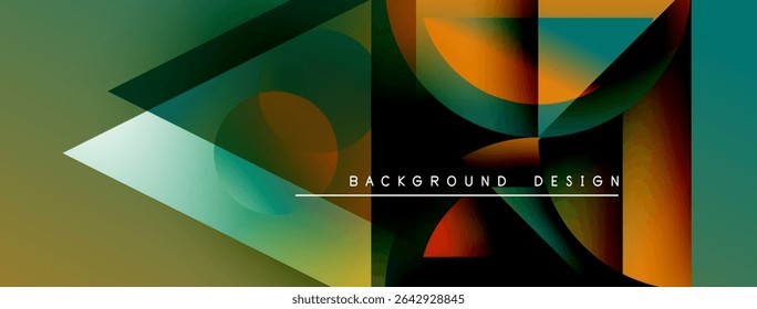 Abstract geometric shapes overlap, creating vibrant color gradients. Design features text background design with white line accents.