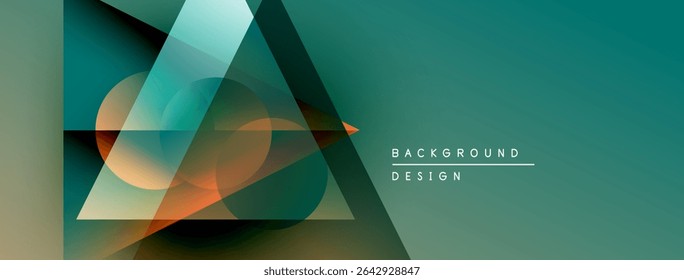 Abstract geometric shapes overlap, creating vibrant teal, orange gradients. Modern design suitable for banners, presentations.