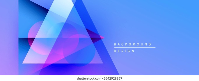 Abstract geometric shapes overlap, creating vibrant blue gradient background. Modern design elements suggest digital art, innovation.