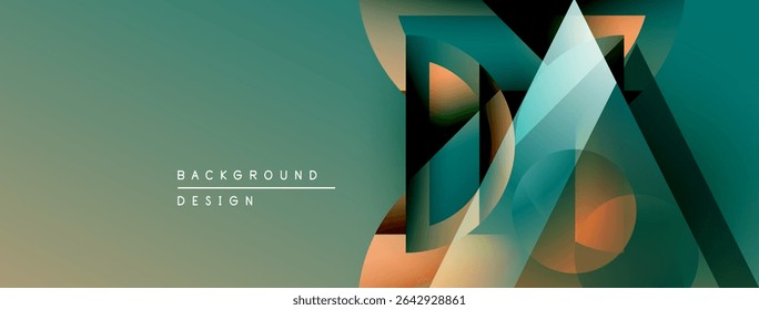 Formas geométricas abstratas se sobrepõem, criando gradientes de cor laranja e azul-petróleo dinâmicos. Elementos de design modernos sugerem inovação, fluidez. Plano de fundo com rótulos de texto.