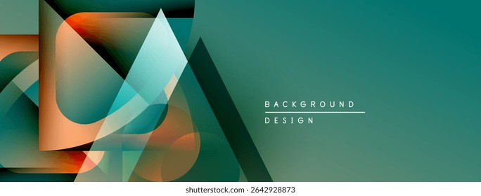 Abstract geometric shapes overlap, creating dynamic teal, orange gradients. Modern design elements suggest innovation, fluidity.