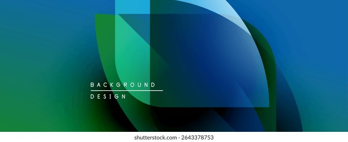 Formas geométricas abstratas se sobrepõem, criando vibrantes gradientes azuis e verdes. Elementos de design modernos sugerem profundidade, movimento, interesse visual.