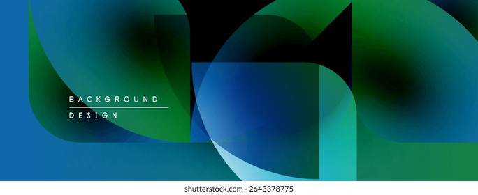 Abstract geometric shapes overlap, creating vibrant blue, green gradients. Modern design elements suggest fluidity, dynamism.