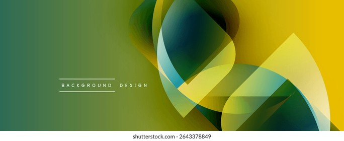Abstract geometric shapes overlap, creating vibrant gradients. Green, yellow, teal hues dominate design. Minimal text present. Modern aesthetic.