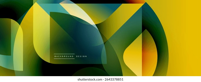 Abstract geometric shapes overlap, creating vibrant color gradients. Yellow, green, blue hues blend smoothly. Modern design element.
