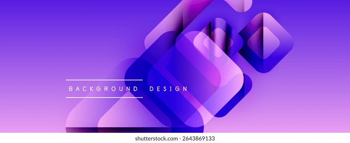 Abstract geometric shapes overlap, creating vibrant purple gradient background. Modern design elements suggest depth, texture.