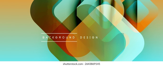 Abstract geometric shapes overlap, creating vibrant color gradients. Turquoise, orange, green hues blend seamlessly. Modern design element.
