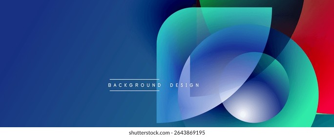 Abstract geometric shapes overlap, creating vibrant color gradients. Blue dominates left side, transitioning to red right. Text reads background design.