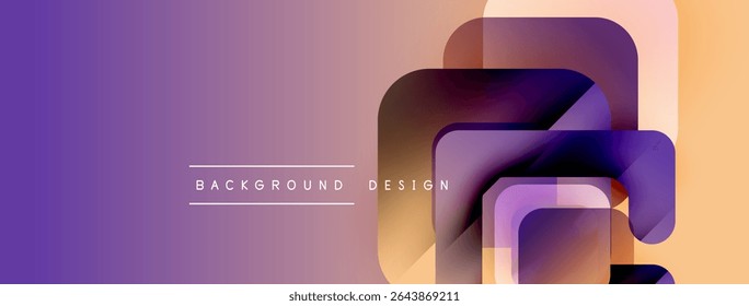 Abstract geometric shapes overlap, creating gradient purple, orange hues. Minimalist design features text background design centered below layers.