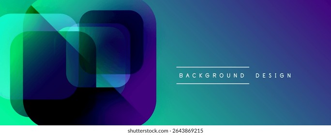 Abstract geometric shapes overlap, creating vibrant gradient effect. Blue, green, purple hues dominate composition. Modern design element.