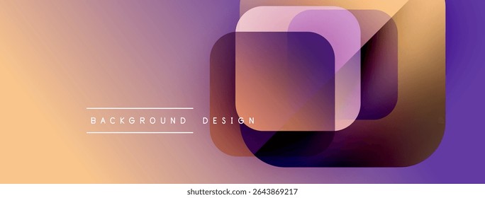 Abstract geometric shapes overlap, creating vibrant gradient effect. Background features warm orange, purple hues. Text reads background design.