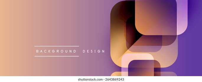 Abstract geometric shapes overlap, creating gradient color transitions. Soft peach, purple hues dominate design. Minimalist aesthetic.