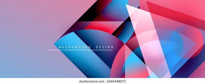 Abstract geometric shapes overlap, creating vibrant color gradients. Pink, blue, red hues dominate design. Modern aesthetic.