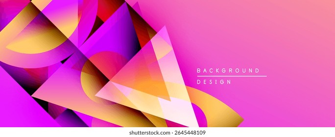 Abstract geometric shapes overlap, creating vibrant pink, purple, orange gradients. Modern design feels dynamic, energetic.