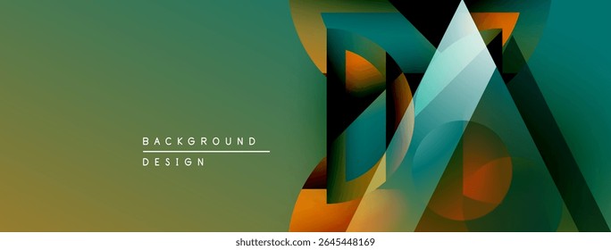 Abstract geometric shapes overlap, creating vibrant color gradients. Modern design features teal, orange, green hues. Minimalist background.