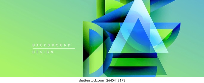 Formas geométricas abstratas se sobrepõem, criando um design em camadas vibrante. Fundo verde complementa tons de azul e amarelo. Estética moderna.